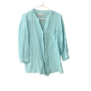 NorthStyle Womens Large Aqua Blue 100% Cotton Gauze Button Up Shirt 3/4 Sleeve